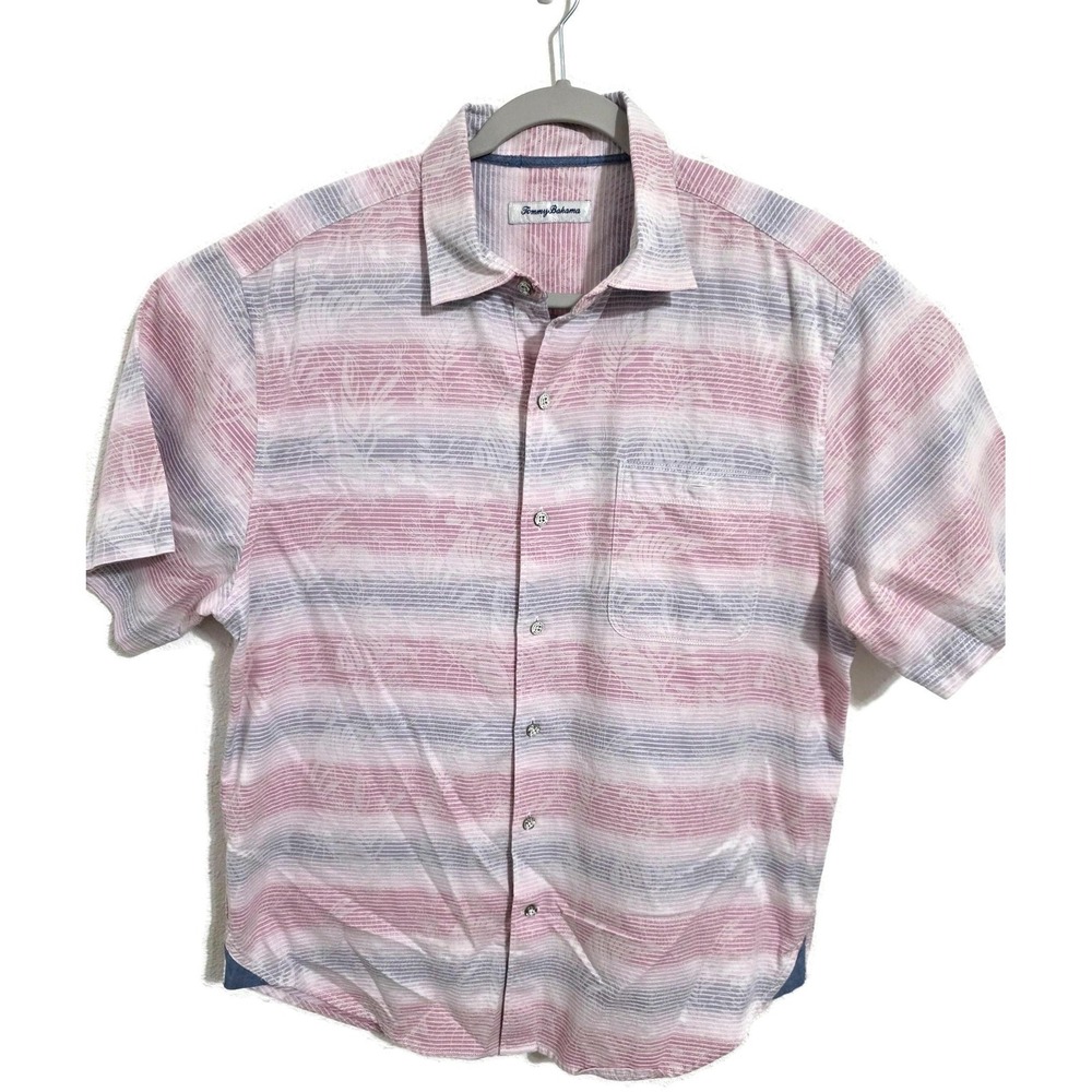 Tommy Bahama Shirt Mens Medium Pink Stripe Short Sleeve Button Cotton‎ Casual